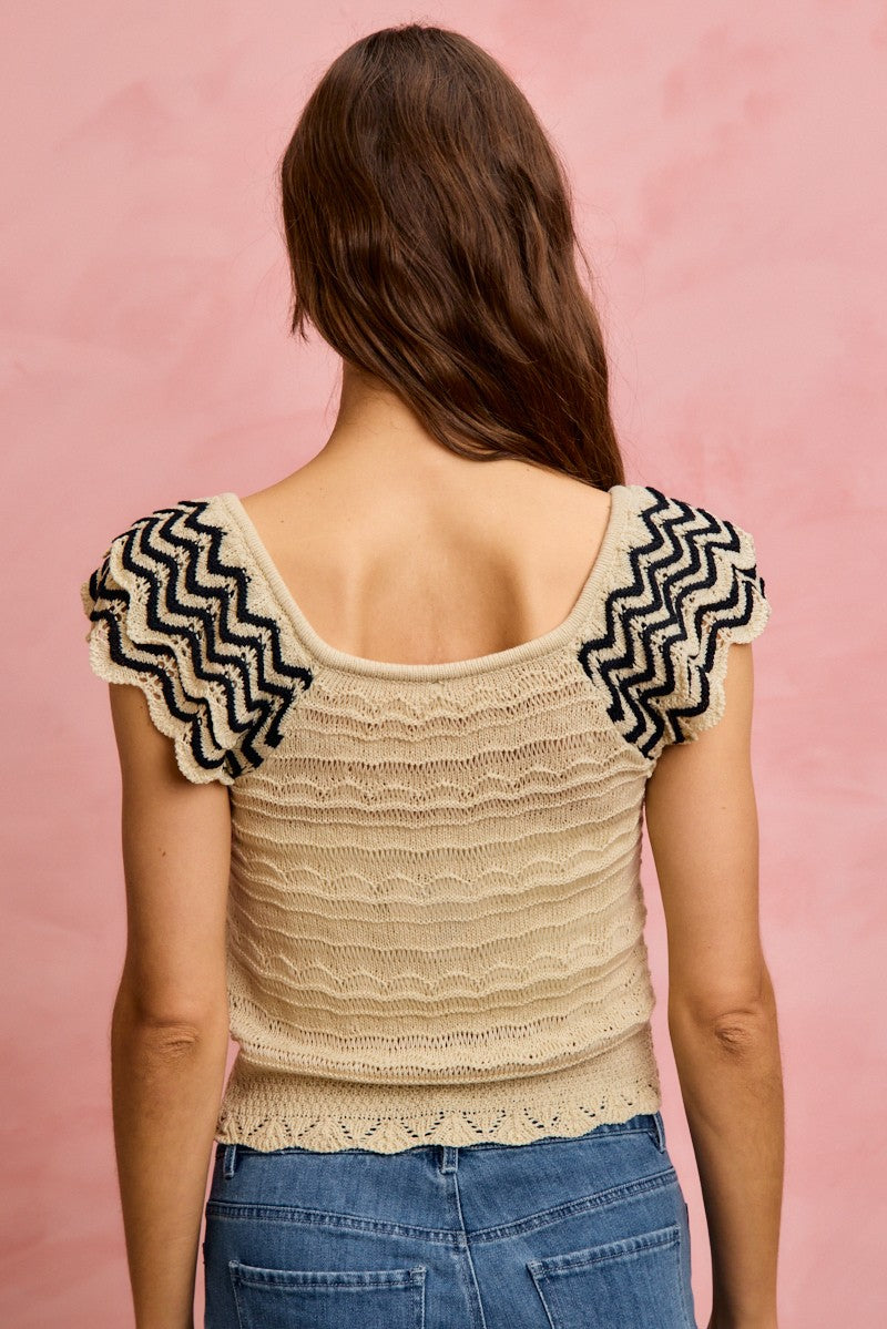 Wavy Textured Knit Top With Fluttered Sleeves - Tigbul's Variety Fashion Shop