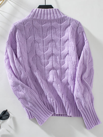 Cable Knit Mock Neck Long Sleeve Sweater - Tigbul's Variety Fashion Shop