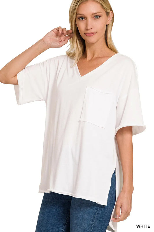 Zenana Front Pocket Raw Edge Boyfriend Tee - Tigbul's Variety Fashion Shop