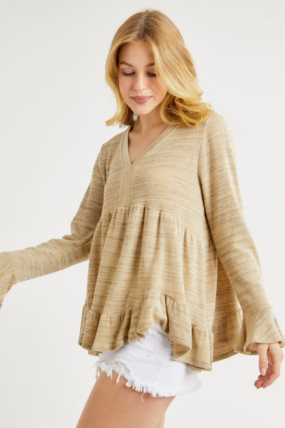 Hailey & Co V-Neck Flounce Sleeve Knit Top - Tigbul's Variety Fashion Shop