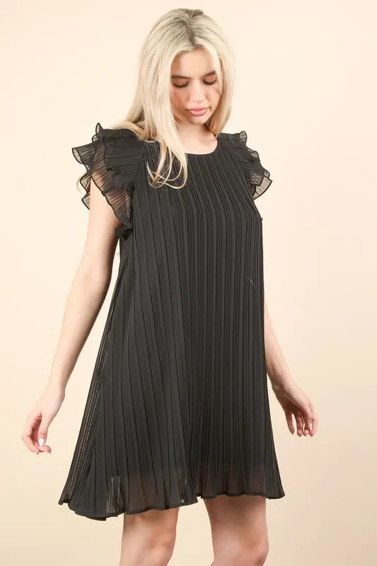Black Plus Size Ruffle Sleeve Pleated Woven Mini Dress - Tigbul's Variety Fashion Shop