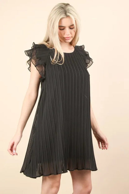Black Plus Size Ruffle Sleeve Pleated Woven Mini Dress - Tigbul's Variety Fashion Shop