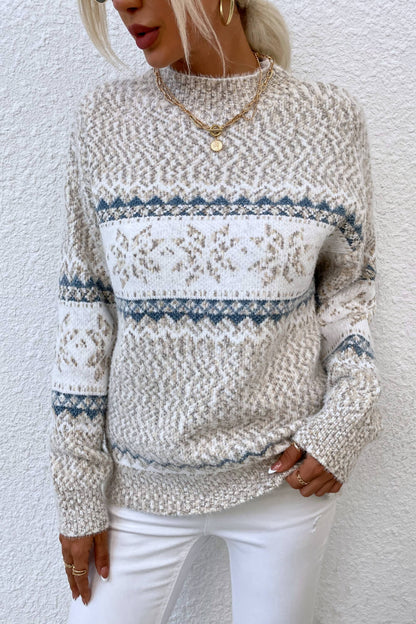 Snowflake Pattern Mock Neck Sweater - Tigbul's Variety Fashion Shop