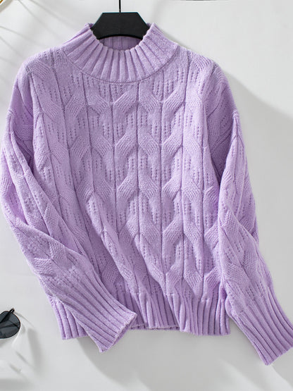 Cable Knit Mock Neck Long Sleeve Sweater - Tigbul's Variety Fashion Shop