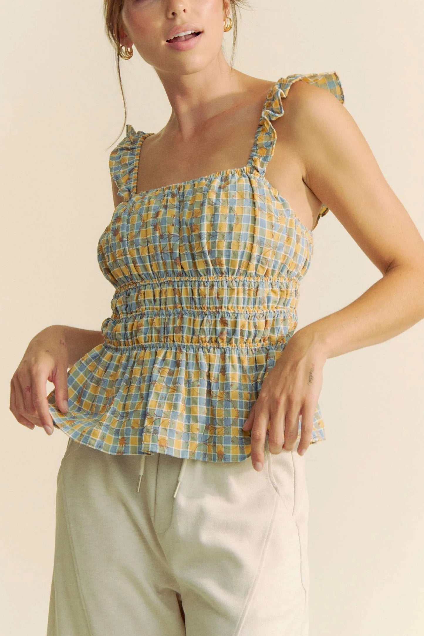 Plaid Ruffled Strap Smocked Blue Sleeveless Top - Tigbul's Variety Fashion Shop