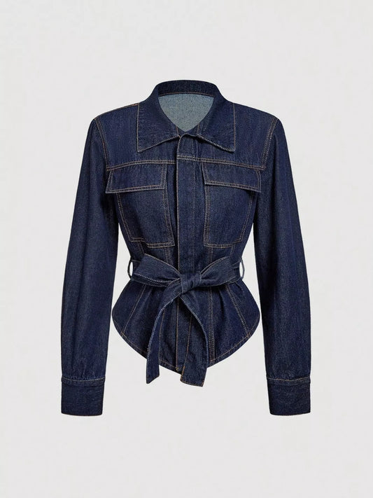 Tie Waist Long Sleeve Denim Jacket - Tigbul's Variety Fashion Shop