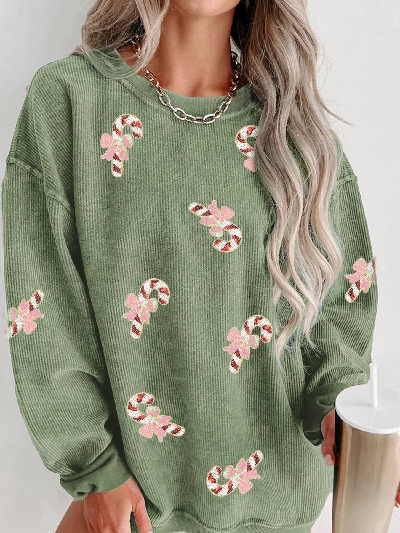 Christmas Sequin Candy Cane Patched Corded Ribbed Baggy Sweatshirt - Tigbul's Variety Fashion Shop