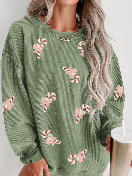 Christmas Sequin Candy Cane Patched Corded Ribbed Baggy Sweatshirt - Tigbul's Variety Fashion Shop