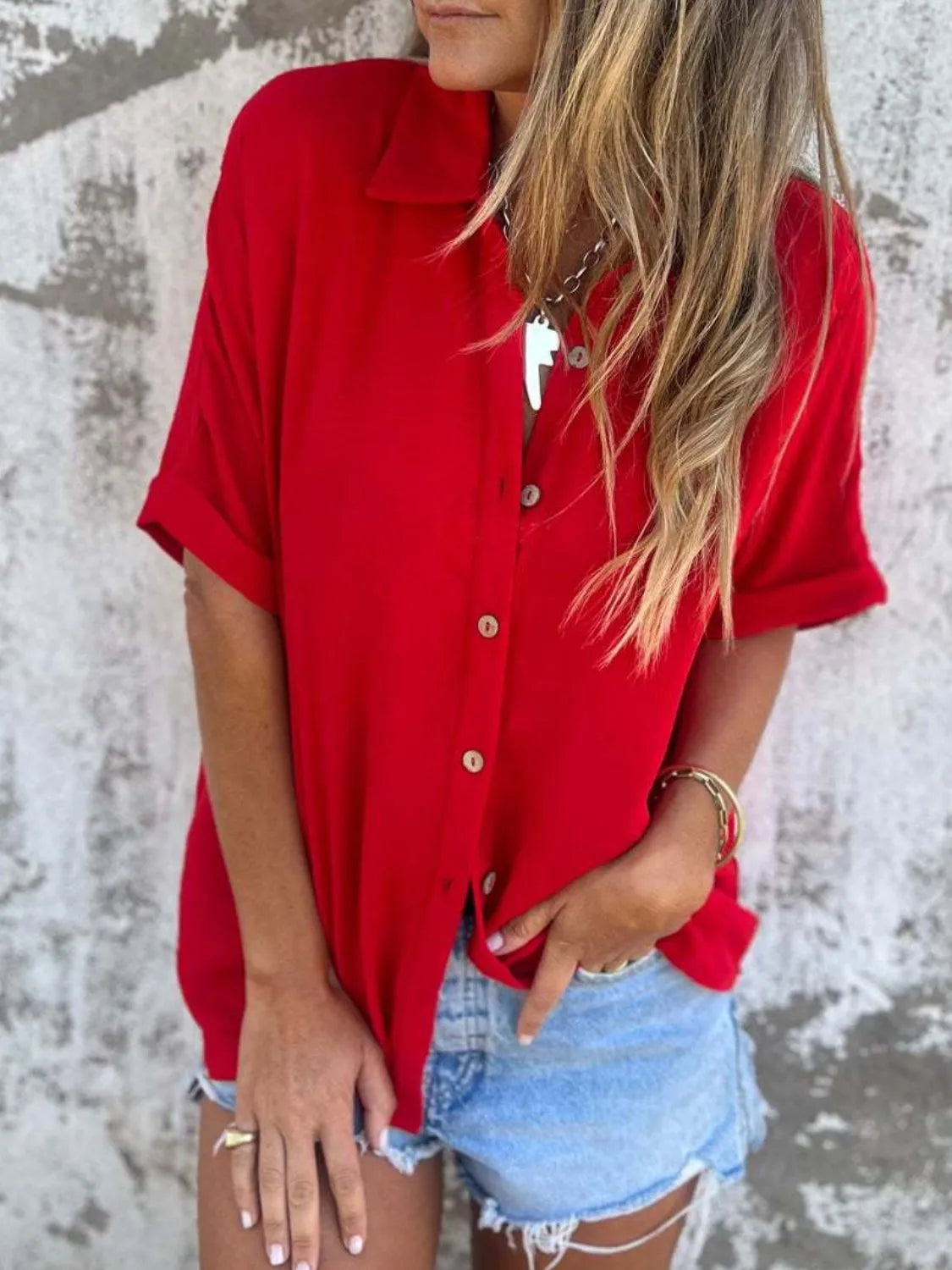 Full Size Collared Neck Half Sleeve Shirt - Tigbul's Variety Fashion Shop