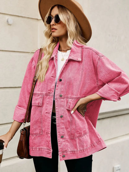 Oversized Button Up Denim Jacket with Hood - Tigbul's Variety Fashion Shop