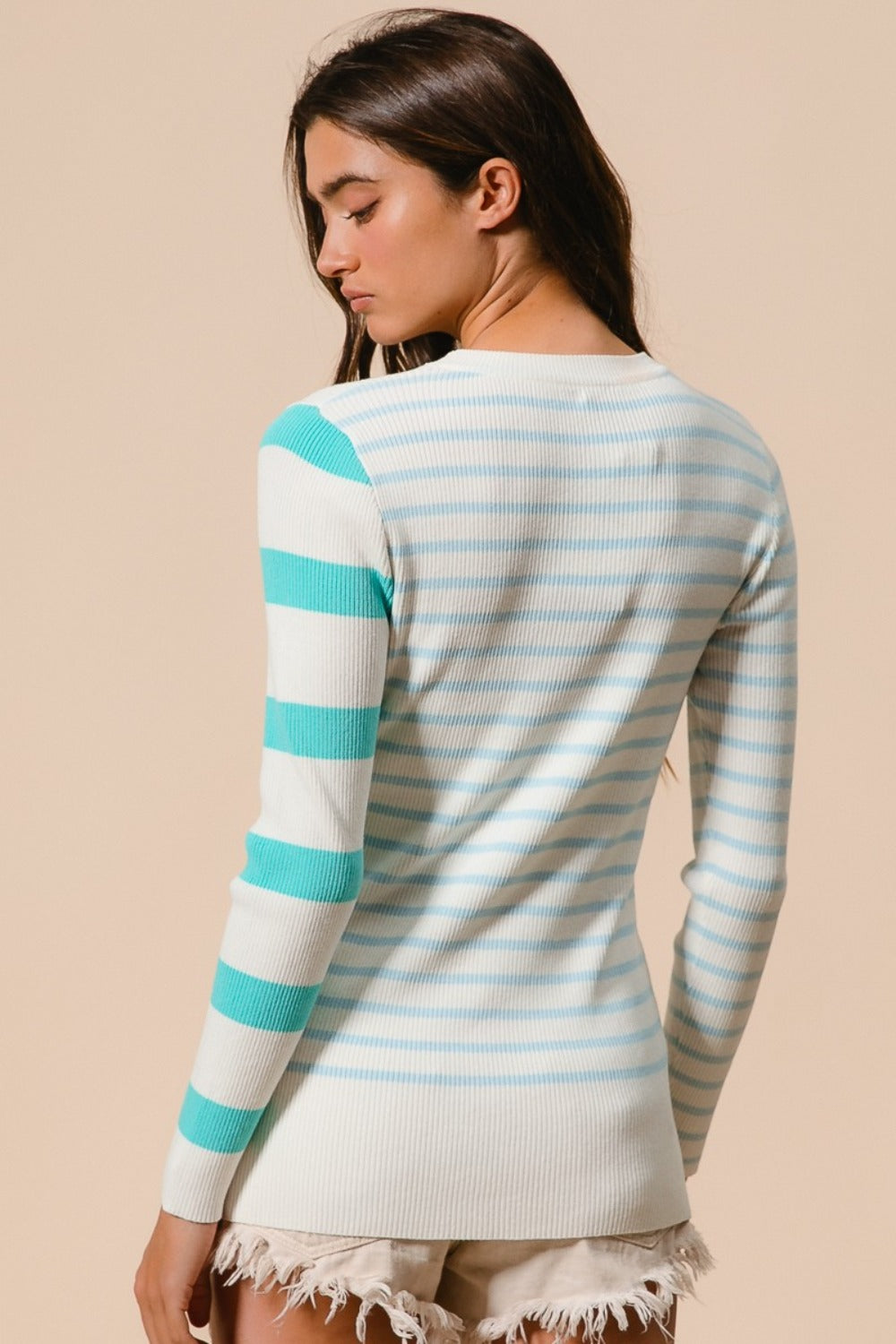 Contrast Striped Asymmetrical Hem Knit Top - Tigbul's Variety Fashion Shop