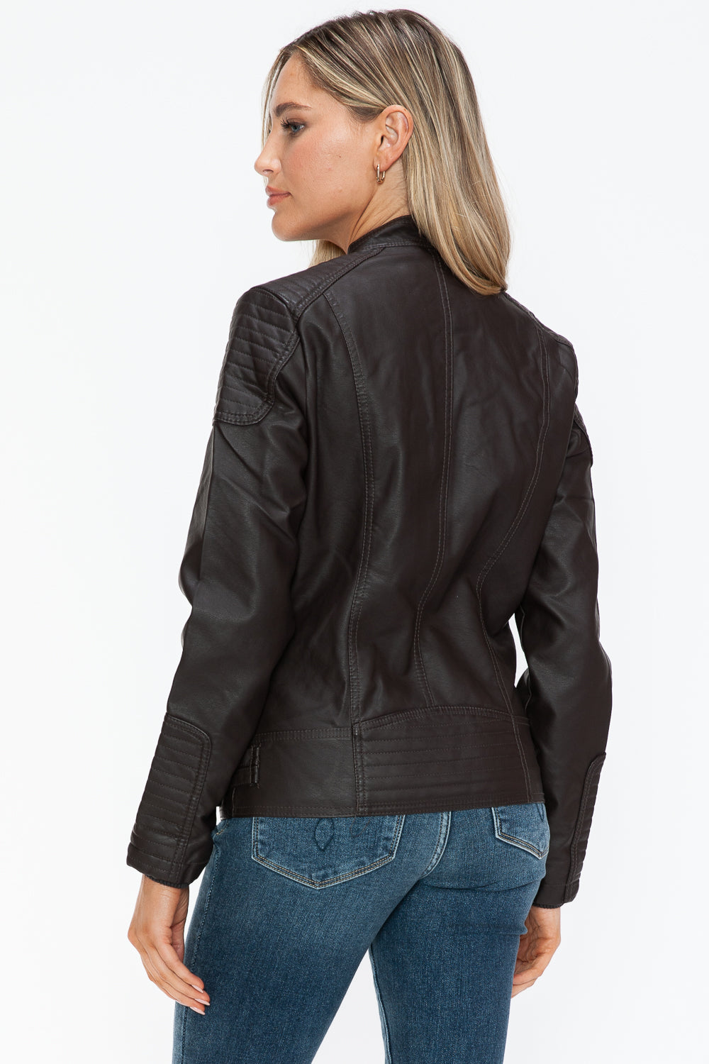 Chocolate Faux Leather Biker Jacket with Side Zip Pockets