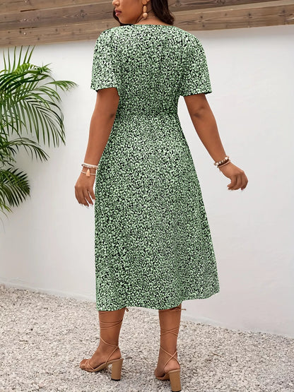 Plus Size Printed V-Neck Short Sleeve Midi Dress - Tigbul's Variety Fashion Shop