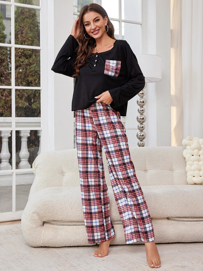 Round Neck Long Sleeve Top and Plaid Pants Lounge Set - Tigbul's Variety Fashion Shop