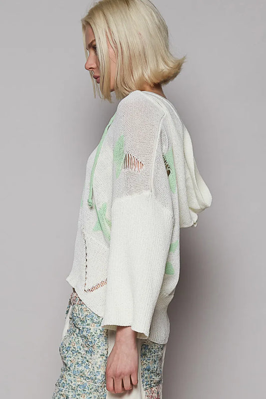 POL Distressed Lace-Up Star Pattern Hooded Hooded Sweater - Tigbul's Variety Fashion Shop