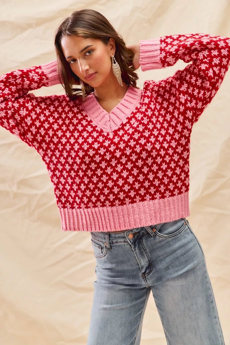 SO ME Color Block Textured Christmas Sweater V Neck Top - Tigbul's Variety Fashion Shop