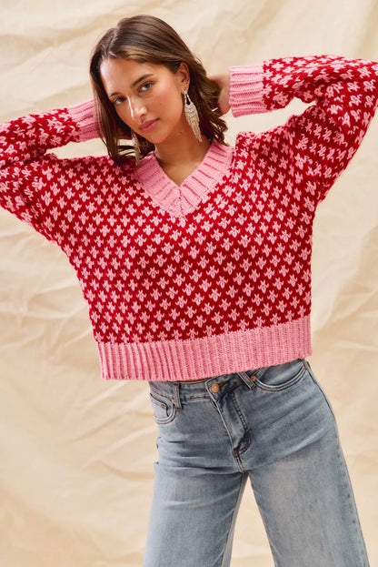 SO ME Color Block Textured Christmas Sweater V Neck Top - Tigbul's Variety Fashion Shop