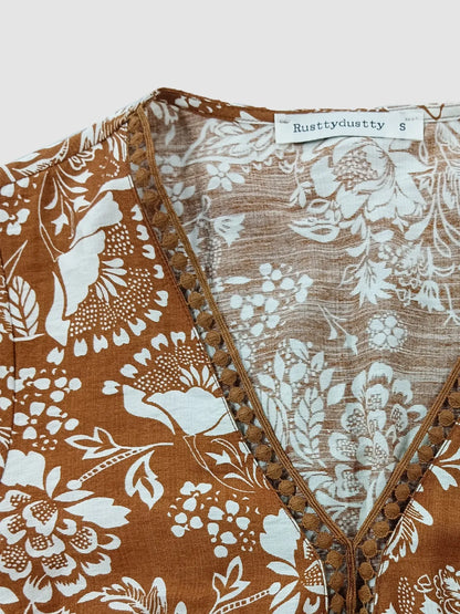 Brown Lace Detail Printed Short Sleeve Midi Dress - Tigbul's Variety Fashion Shop