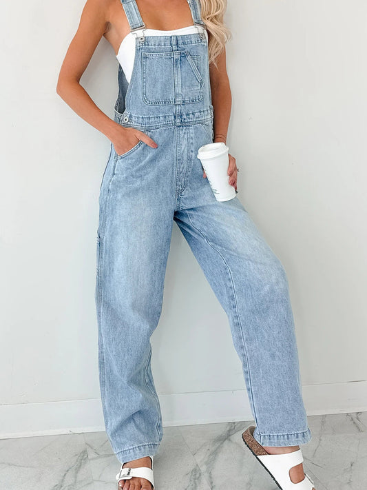 Wide Strap Relaxed Fit Light Blue Denim Overalls | Tigbuls Variety