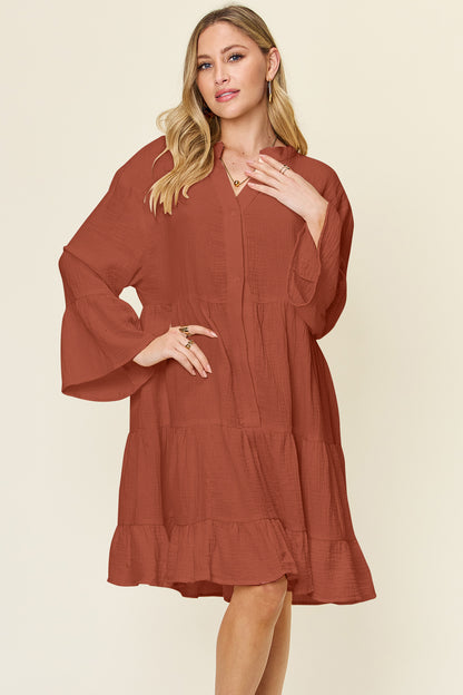 Double Take Full Size Texture Button Up Ruffle Hem Dress - Tigbul's Variety Fashion Shop