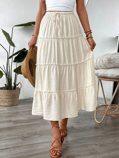 Drawstring Frill Tiered Cream Color Skirt - Tigbul's Variety Fashion Shop
