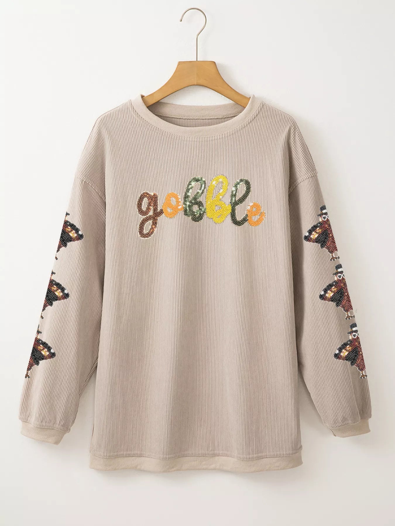 Gobble Corded Ribbed Thanksgiving Turkey Sequin Patched Sleeve Sweatshirt - Tigbul's Variety Fashion Shop