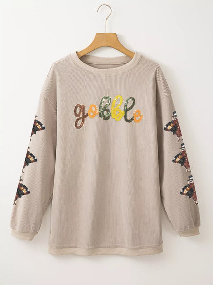 Gobble Corded Ribbed Thanksgiving Turkey Sequin Patched Sleeve Sweatshirt - Tigbul's Variety Fashion Shop