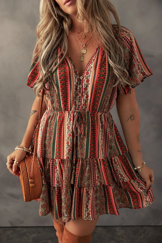 Bohemian Floral Print Buttoned V Neck Ruffle Tiered Dress - Tigbul's Variety Fashion Shop