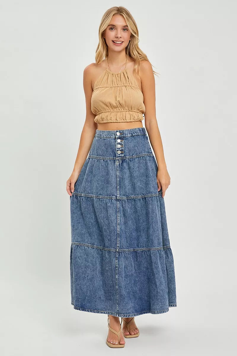 High-rise denim maxi skirt with three tier ruffles and front buttons, medium blue