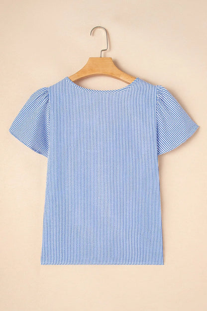 Stripe Textured Ruffle Short Sleeve Boho Detail Square Neck Blouse - Tigbul's Variety Fashion Shop