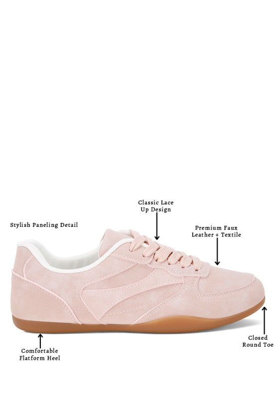 Blush-pink lace-up sneakers with faux leather upper and cushioned comfort platform sole