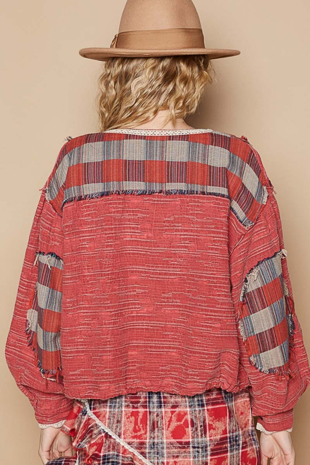 Red Round Neck Long Sleeve Plaid Shirt - Tigbul's Variety Fashion Shop