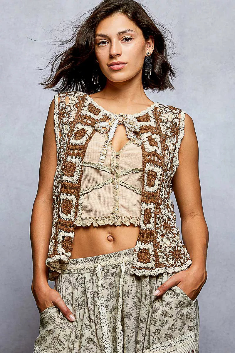 POL Tie Front Floral Pattern Crochet Vest with Scalloped Edge - Tigbul's Variety Fashion Shop
