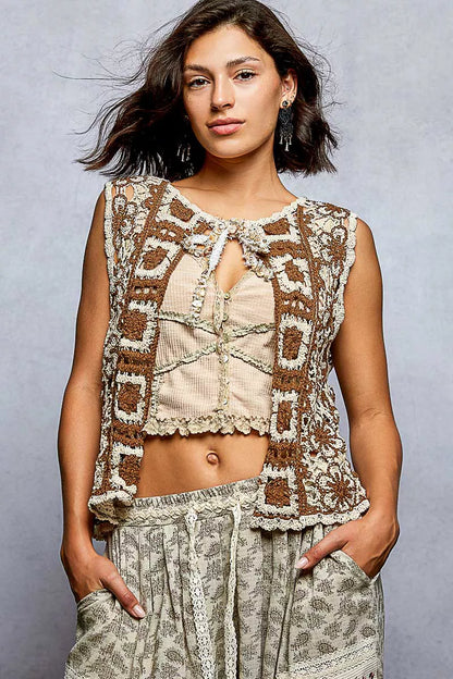 POL Tie Front Floral Pattern Crochet Vest with Scalloped Edge - Tigbul's Variety Fashion Shop