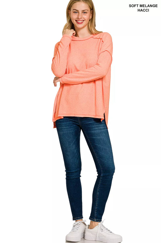 Zenana Full Size Melange Hacci Exposed Seam Hi-low Tee Plus Size - Tigbul's Variety Fashion Shop