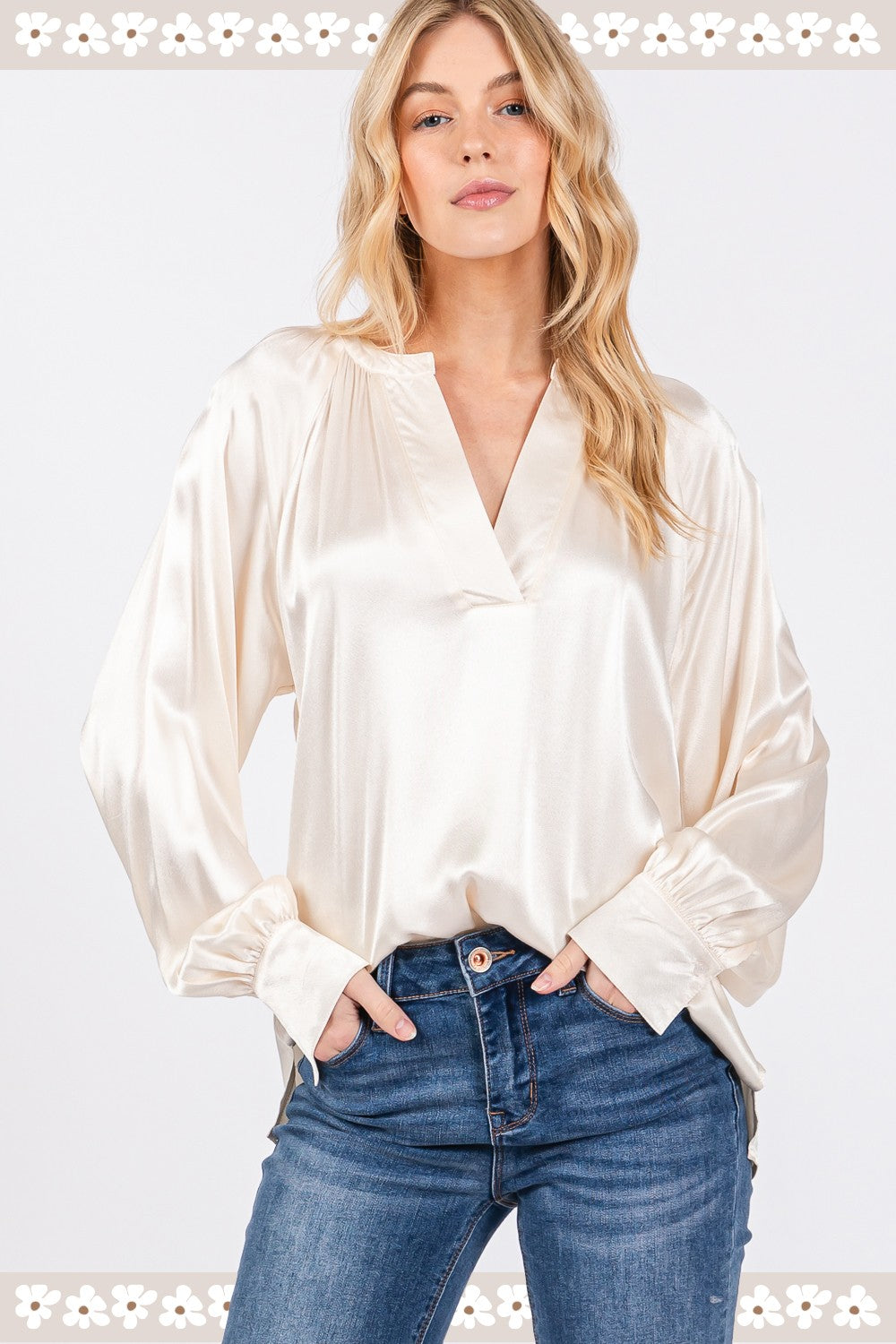 SAGE + FIG Notched Long Sleeve Blouse - Tigbul's Variety Fashion Shop