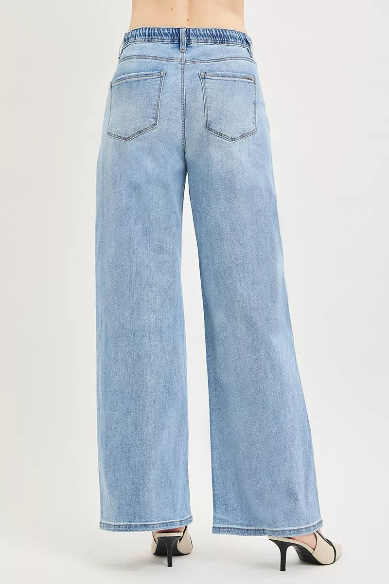 Light-wash wide-leg jeans, back view with two button back pockets and elastic waist