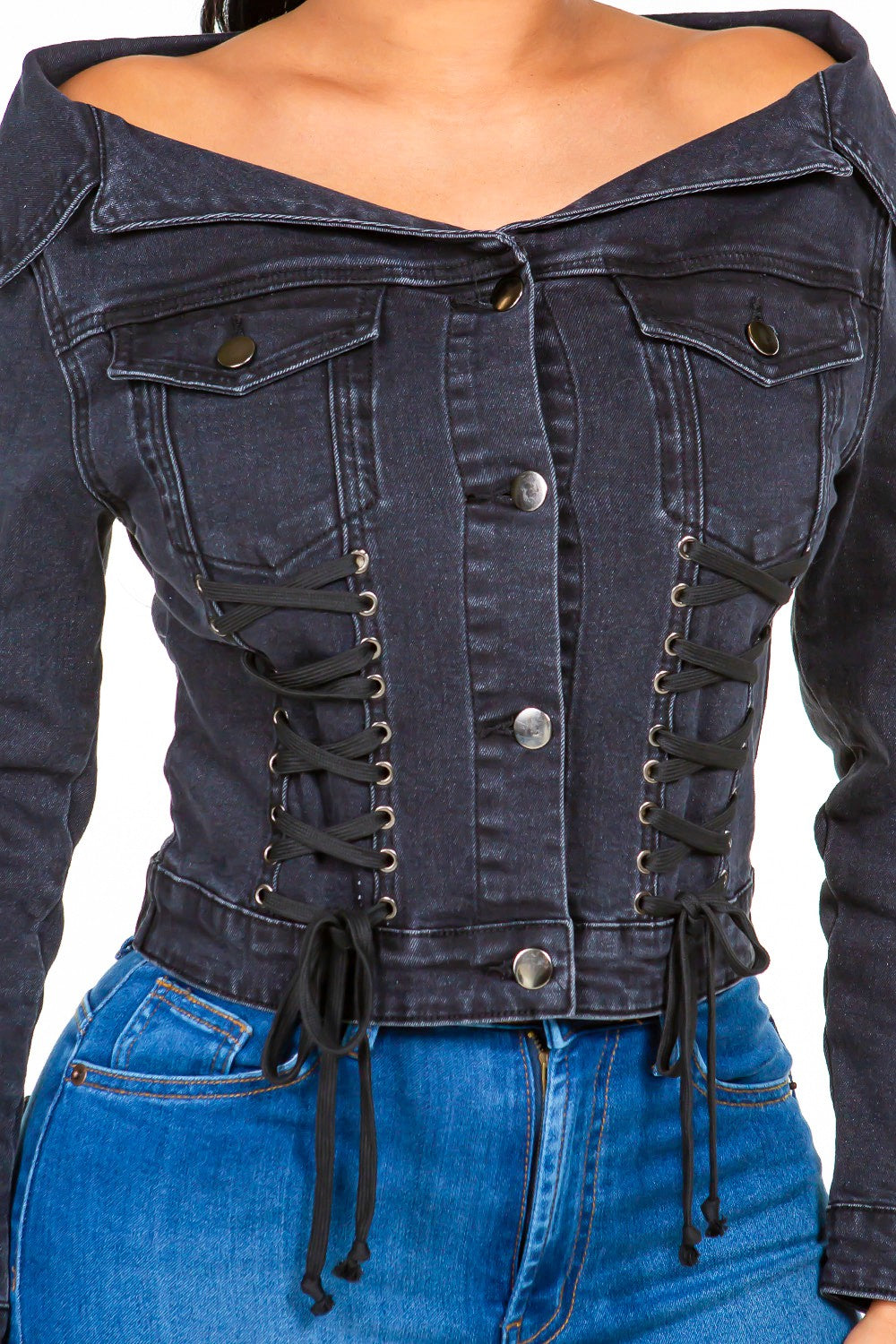 American Bazi Off Shoulder Lace Up Denim Jacket - Tigbul's Variety Fashion Shop