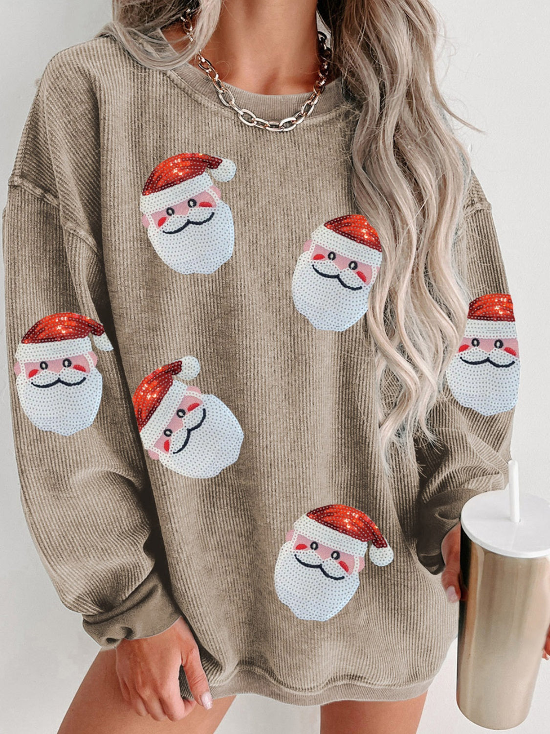 Sequin Santa Patch Ribbed Sweatshirt - Tigbul's Variety Fashion Shop