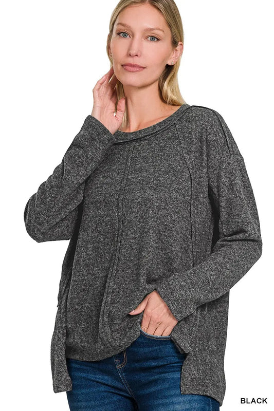 Zenana Full Size Brushed Hacci Exposed Seam Hi Low Sweater Plus Size - Tigbul's Variety Fashion Shop