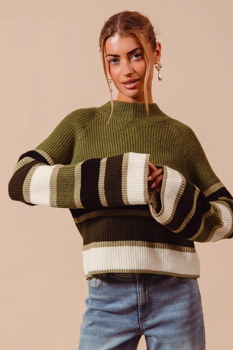 Multi Color Striped Mock Neck Sweater - Tigbul's Variety Fashion Shop