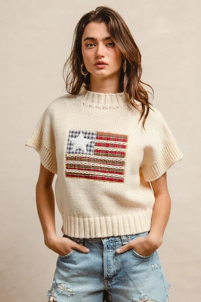 BiBi American Flag Patchwork Drop Shoulder Sweater - Tigbul's Variety Fashion Shop