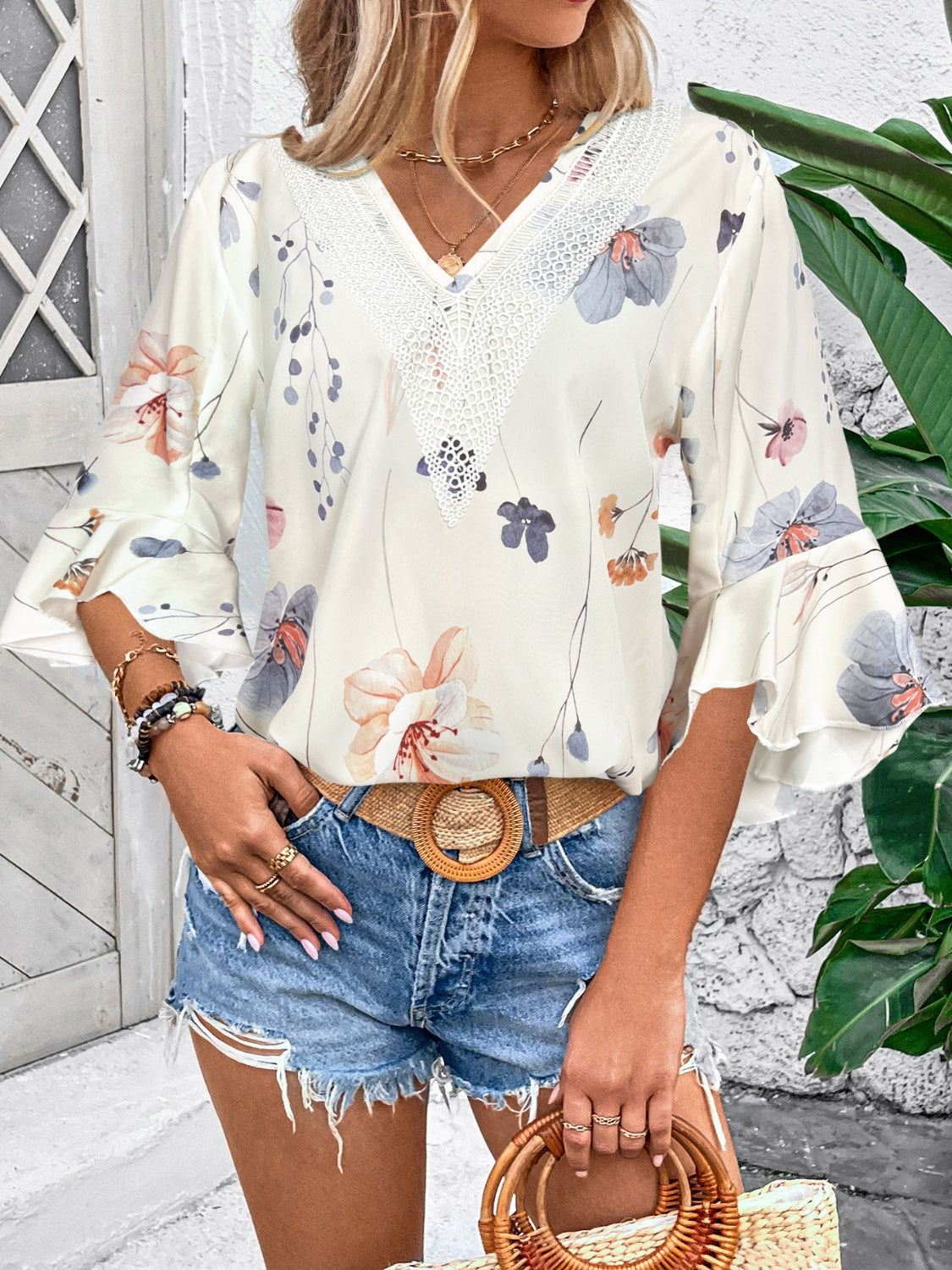 Ruffled Printed V-Neck Half Sleeve Blouse - Tigbul's Variety Fashion Shop