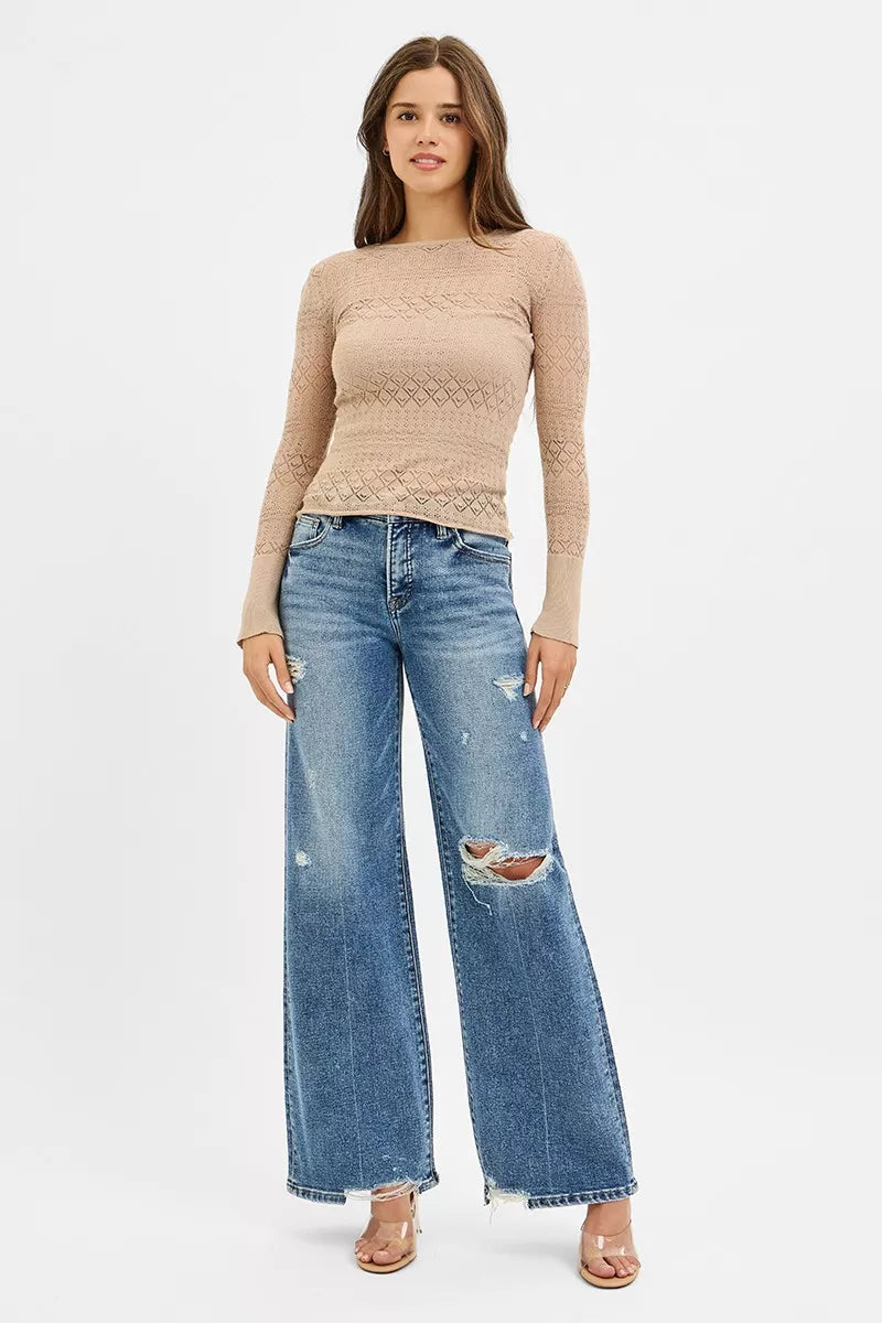 RISEN Tummy Control Mid Rise Fit Wide Jeans - Tigbul's Variety Fashion Shop