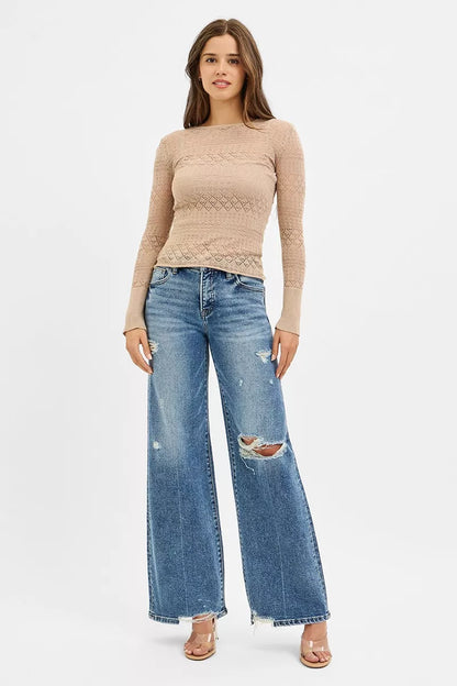 RISEN Tummy Control Mid Rise Fit Wide Jeans - Tigbul's Variety Fashion Shop