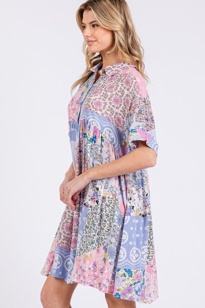 Pink Multi Floral Collared Neck Half Sleeve Mini Shirt Dress - Tigbul's Variety Fashion Shop