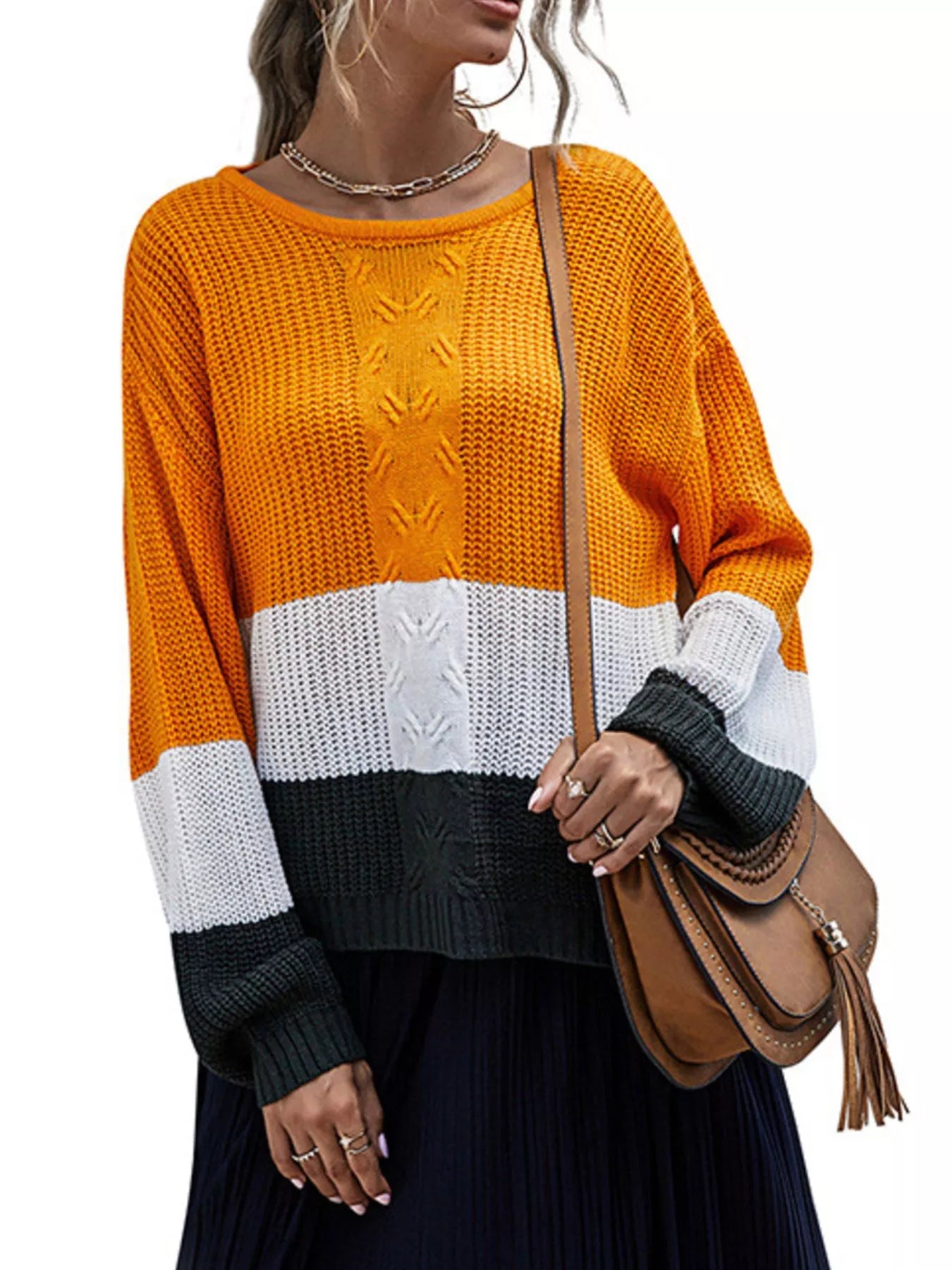 Color Block Round Neck Sweater - Tigbul's Variety Fashion Shop