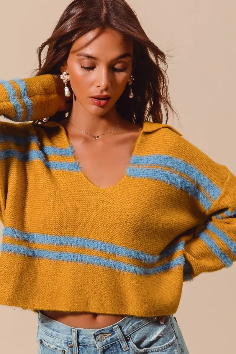 SO ME Fuzzy Hairy Stripe Deep U Neck Swetaer - Tigbul's Variety Fashion Shop