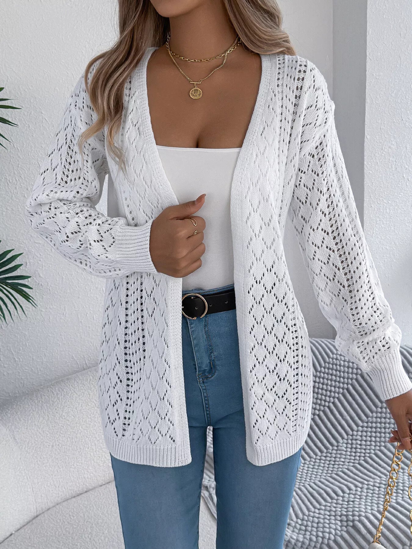 Openwork Open-Front Long Sleeve Cardigan - Tigbul's Variety Fashion Shop