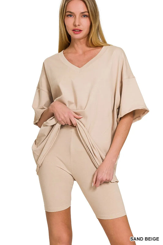 Zenana Cotton V-neck Top & Biker Shorts Set - Tigbul's Variety Fashion Shop